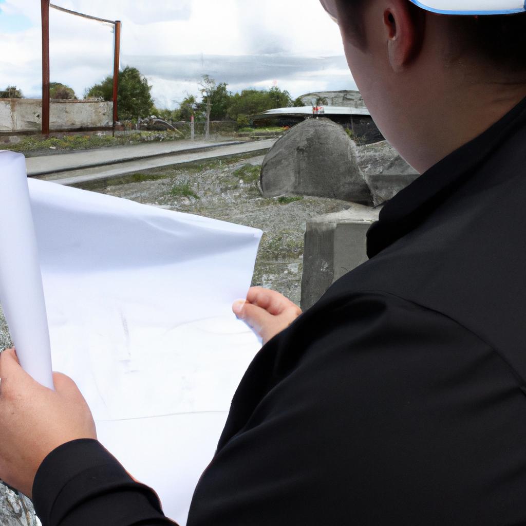 Person holding blueprint, inspecting construction
