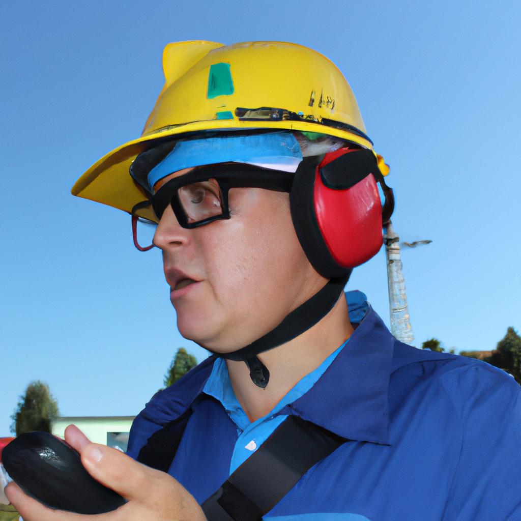 Person wearing safety gear, communicating