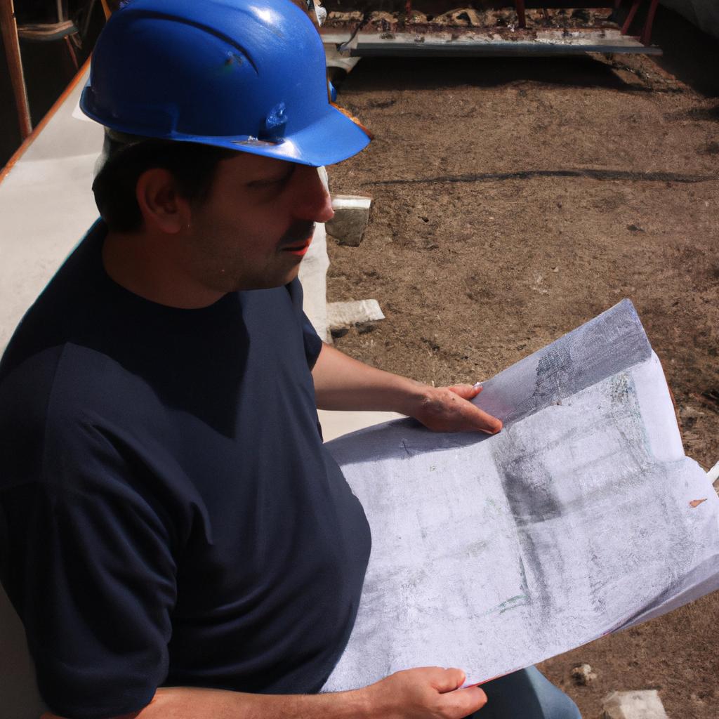 Person reading blueprints, construction site