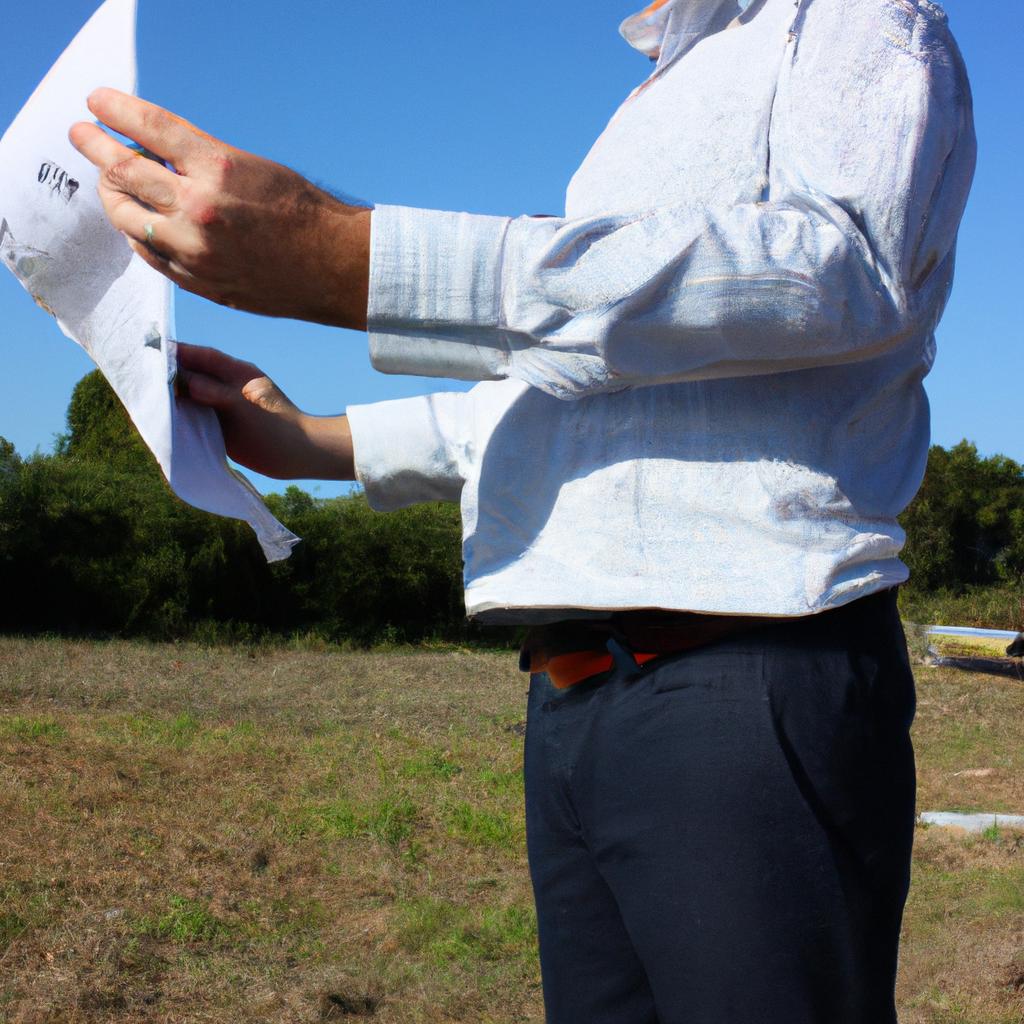 Person holding blueprints, surveying site